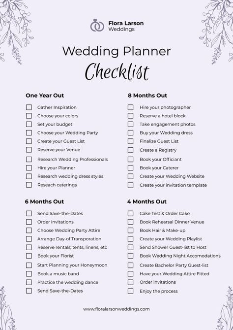 Elegant Flora Larson Wedding Planner Checklist Wedding Event Planner Checklist, Wedding Vendors Checklist, Wedding Beauty Timeline, Wedding Planning Templates, Wedding Checklist Printable, Wedding Planner Checklist, Budget Planner Free, Wedding Budget Planner, Wedding Checklists