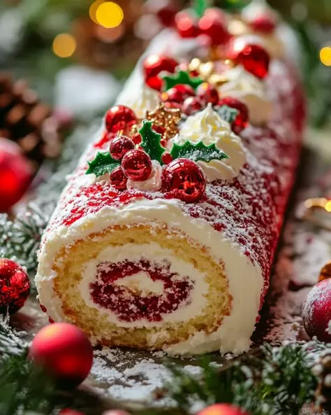 Celebrate the season with this Christmas Roll Cake! A fluffy sponge filled with cranberry and whipped cream, topped with festive decorations. A show-stopping dessert for your holiday gatherings. Save this recipe now! Easy Cake Roll Hack, Christmas Roll Cake Recipe, Christmas Dessert Roll Cake, Roll Cake Christmas Decoration, Christmas Rolls Dessert, Cake Roll Flavors, Jelly Roll Cakes Recipe, Log Roll Cake Christmas, Cranberry Roll Cake