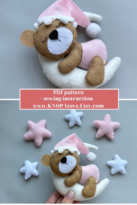 Bear ornament pdf pattern and sewing instruction.
Each toy is bright and funny, and I'm sure you can easily sew felt toys for yourself and your family.
Height of toy 14cm Felt Bear Pattern, Diy Felt Toys, Felt Tutorial, Felt Bear, Sew Felt, Diy Nursery Decor, Bear Felt, Sew Baby, Diy Nursery