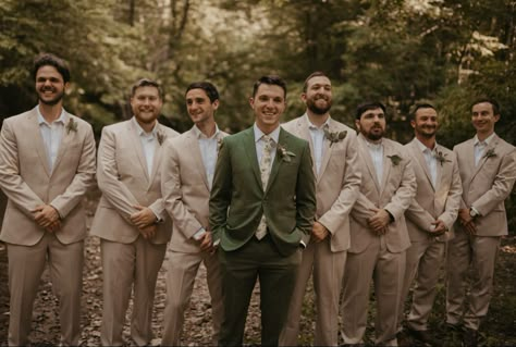 Green Groom Beige Groomsmen, Groom In Green Groomsmen In Tan, Green Groom Suit Brown Groomsmen, Brown Suit Groom And Groomsmen, Earth Tone Groom Attire, Tan And Green Wedding Party, Groomsmen Attire Olive Green, Tan And Green Groomsmen Suits, Sage Beige Wedding