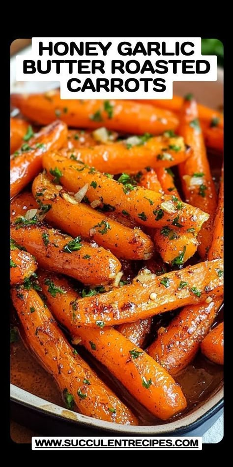 Elevate your dinner table with this Easy Honey Garlic Butter Roasted Carrots Recipe! The combination of honey, garlic, and butter creates a mouthwatering glaze that makes these carrots irresistible. Honey Garlic Butter Carrots, Garlic Butter Carrots, Butter Roasted Carrots, Carrot Recipes Side Dishes, Carrots Roasted, Glazed Carrots Recipe, Roasted Carrots Recipe, Recipes By Ingredients, Butter Carrots