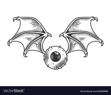 Bat Vintage Illustration, Winged Eye Tattoo, Eyeball Wings Tattoo, Skull With Bat Wings Tattoo, Evil Wings Drawing, Flying Eye Tattoo, Eyes With Wings Drawing, Eyeball With Wings Tattoo, Eye With Wings Drawing