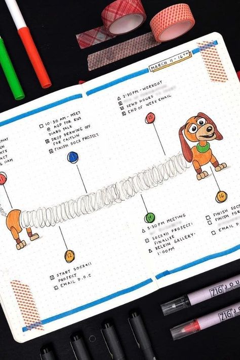 If you're a fan of the Toy Story movies (who isn’t?), you can't go wrong with this slinky dog themed spread inspired by our beloved character from Woody's Roundup. #BuJo #Disney #BulletJournal Notes Journal Ideas, Disney Bullet Journal, Slinky Toy, Slinky Dog, خريطة ذهنية, Mind Map Design, Bff Gifts Diy, Bullet Journal Ideas, School Organization Notes