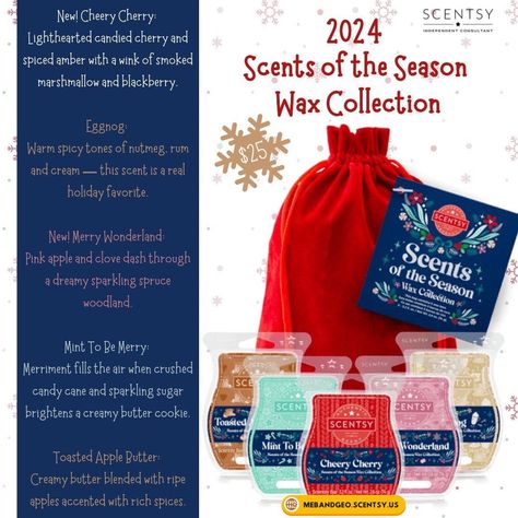 🎄 Scentsy’s 2024 Edition of Scents of the Season: Enjoy five of the season’s merriest fragrances!🎄 What better way to welcome the holidays than with our Scents of the Season Wax Collection? This limited-time collection will be available starting Nov. 1. Individual Scentsy Bars will not be sold separately, but they can be added to Scentsy Club subscriptions. Velvet bags will be available while supplies last. Check out this limited-time bundle here ➡️ https://mebandgeo.scentsy.us/shop/p/9716... Scentsy Club, Crushed Candy Cane, Scentsy Host, Scentsy Buddy Clips, Velvet Bags, Scent Warmers, Scentsy Buddy, Scentsy Wax Bars, Scentsy Party