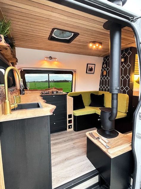 One of our latest builds called Nevis which is a LWB Mercedes Sprinter campervan conversion with a full bathroom / shower room and toilet and also a beautiful cosy woodburner.  She also has our signature live edge worktop and L-shaped sofa. Van Conversion Mercedes Sprinter, Sprinter Van Conversion With Bathroom, Crafter Van Conversion, Campervan Ideas Diy, Family Campervan Conversions, Campervan Shower Ideas, Trailer Decorating Ideas, Van With Bathroom, Campervan Decor