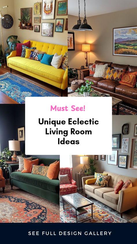 Explore a collection of unique eclectic living room ideas that transform your space into a reflection of your personal style. From mixing bold patterns and colors to sustainable decor choices, each idea aims to inspire creativity while adding character and warmth to your home. Discover ways to incorporate vintage elements, modern furniture, and artistic touches that create an inviting atmosphere. Perfect for those looking to refresh their living space and express individuality through design, these suggestions will leave a lasting impression. Eclectic Decor Living Room, Eclectic Vintage Living Room, Eclectic Home Decor Ideas, Eclectic Living Room Ideas, Colorful Living Room Decor, Eclectic Living Room Design, Living Room Decor Eclectic, Colourful Living Room Decor, Art Deco Living Room