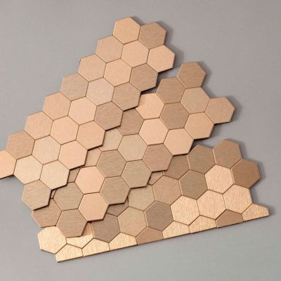 Aspect Honeycomb Matted 12" X 4" Brushed Champagne Metal Decorative Tile Backsplash - A98-51 | B2329250 - GLOBALindustrial.com Copper Peel And Stick Backsplash, Mixed Tile Backsplash Kitchen, Creative Backsplash Ideas Kitchen, Vinyl Backsplash Kitchen, Cheap Kitchen Backsplash Ideas, Terracotta Kitchen Backsplash, Bar Backsplash Ideas, Copper Backsplash Kitchen, Stick On Tile Backsplash