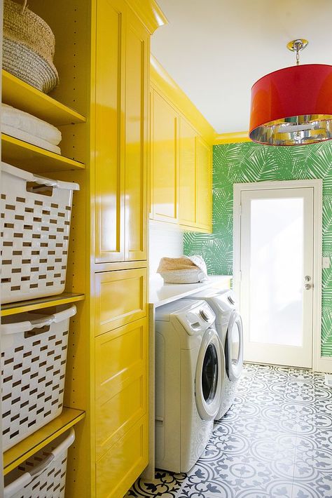 7 Dreamy Laundry Room Before and Afters | The Effortless Chic | Bloglovin’ Coral Laundry Room, Colourful Laundry Room, Yellow Laundry Room Ideas, Colourful Laundry, Yellow Laundry Room, Laundry Room Layout Ideas, Yellow Laundry, Laundry Room Layout, Bright Laundry Room