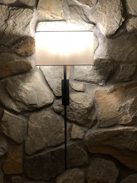 32" sconces against the stone wall look amazing in our wine cellar Sconces Living Room Fireplace, Stone Mantel, Wall Sconces Living Room, Home Wine Cellars, Sconces Living Room, Wine Cellar Design, Cellar Design, One Room Challenge, Rock Wall