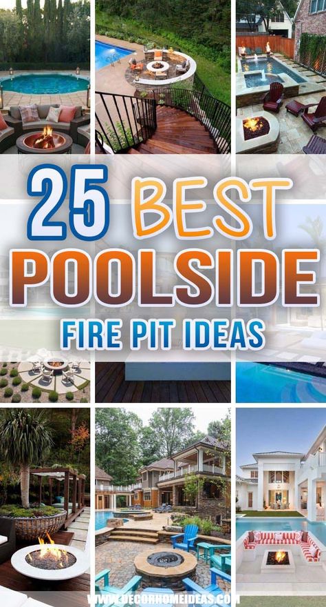 Backyard Fire Pit And Hot Tub Ideas, Patio With Pool And Fire Pit, Pool Landscaping Fire Pit, Fire Pit Ideas Near Pool, Pool Design With Fire Pit, Backyard Fire Pit Lounge Areas, Pool Patio With Fire Pit, Firepits And Pool Backyard Ideas, Gas Fire Pit By Pool