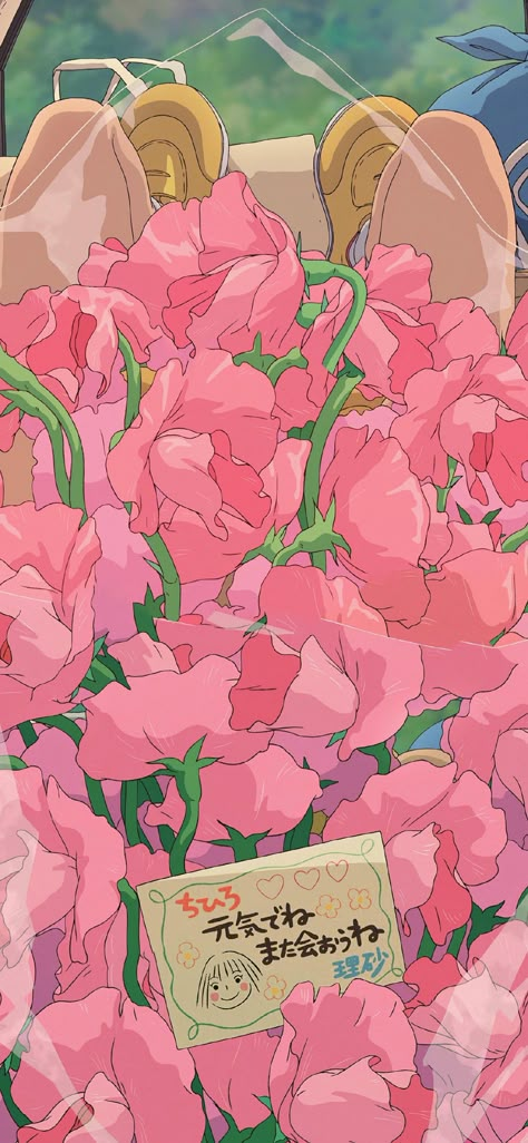 Pink Ghibli Wallpaper, Pink Cartoon Aesthetic Wallpaper, Flowers Anime Aesthetic, Anime Flower Aesthetic, Pink Core Wallpaper, Studio Ghibli Iphone Wallpaper, Pink Anime Background, قلعة هاول المتحركة, Iphone 15 Wallpaper