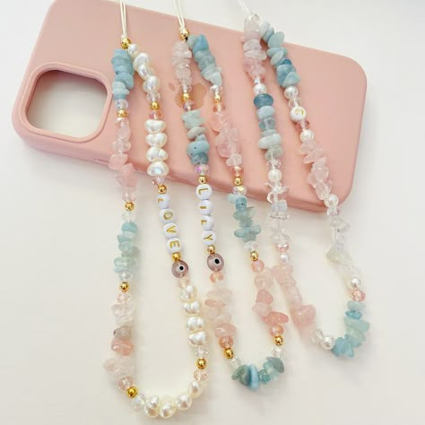 Self Love Happiness Healing Crystals, Rose Quartz Aquamarine Gemstone Phone Strap, Beaded Phone Charm, Personalized Phone Chain, Mom Gift Crystals Rose Quartz, Diy Beaded Rings, Cell Phone Charms, Message Bracelet, Strap Phone, Bead Charms Diy, Diy Bracelet Designs, Phone Chain, Phone Charms