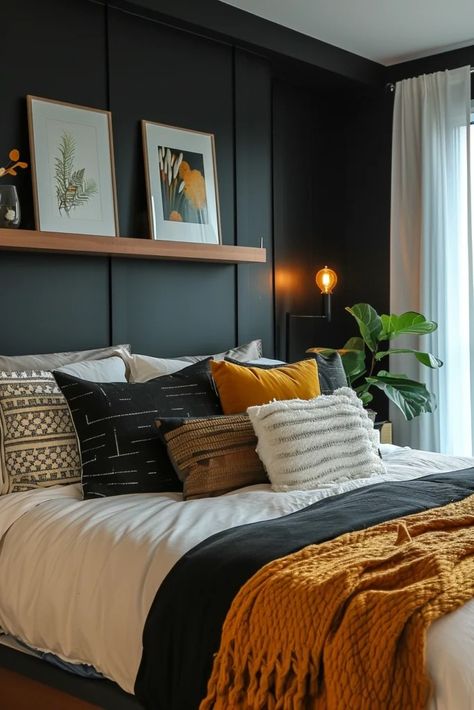 25 Bold Black Accent Wall Bedroom Ideas to Upgrade Your Space - Roomy Retreat Bedroom Black Accent Wall Boho, How To Do A Accent Wall Bedroom, No Bedhead Ideas, Black Peel And Stick Wallpaper Bedroom, Bedroom Black Accent Wall Ideas, Bedroom Ideas Dark Accent Wall, Black Feature Wall Bedroom Room Ideas, Dark Wall Small Bedroom, Black And Mahogany Bedroom