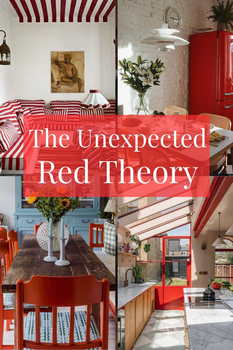 interior using red Home Decor With Red Accents, Pop Of Red Living Room, Red Home Accents, Red Cabinet Living Room, Red Color Palette Interior Design, Red Color Theory, Unexpected Red Interior Design, Interior Design Red Accents, Pop Of Red Decor