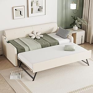 Upholstered Daybed with Pop Up Trundle, Twin Size Daybed with Trundle and USB Charging Design, Trundle can be Flat or Erected, Extendable Daybed Frame for Kids Teens (Beige,Twin) Upholstered Day Bed, Daybed With Pop Up Trundle, Extendable Daybed, Trundle Bed Twin, Wood Sofa Bed, Trundle Daybed, Daybed Upholstered, Pop Up Trundle, Twin Size Daybed