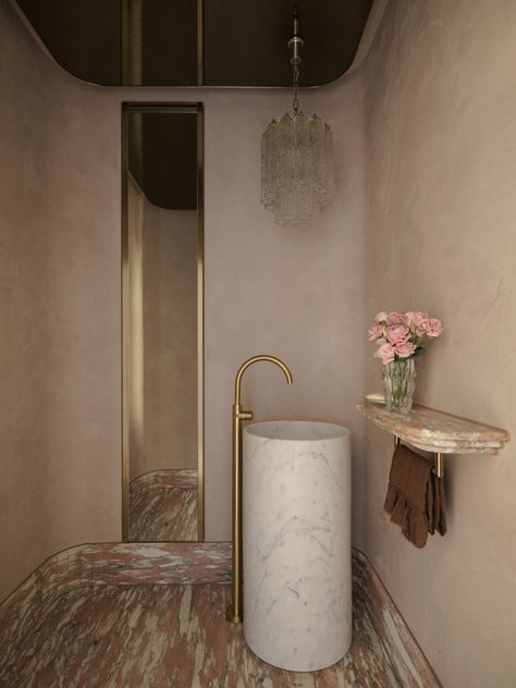 Pink Powder Room, Stone Cold Stunner, Powder Room Reno, Wabi Sabi Design, Powder Bathroom, Berlin Apartment, Powder Room Design, Melbourne House, Custom Bathroom