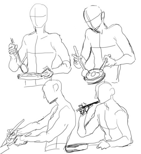 ALMOST AS COOL AS YOU — im having a hard time thinking of poses to... Chef Pose Reference Drawing, Oc Eating Drawing, Chef Poses Drawing, Cooking Character Design, Drawing Eating Pose, Male Character Poses Drawing, Drawing Poses Eating, Eating Ramen Pose Reference Drawing, Siting On Knees Reference