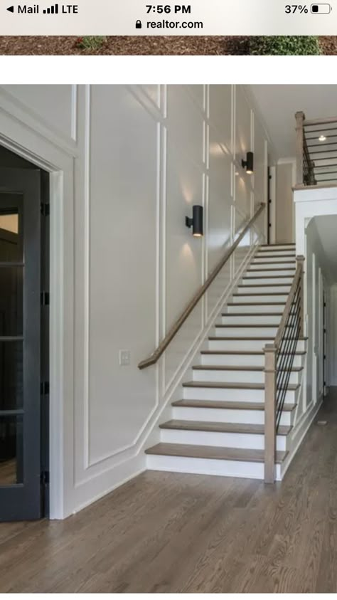 Stairway Design Ideas Entryway, Staircase Wall Moulding Design, Stairs With Wainscotting, Stairs Wainscoting Ideas, Wayne Scotting Staircase, Stairs Molding, Foyer Wainscoting, Stairs Wainscotting, Staircase Walls