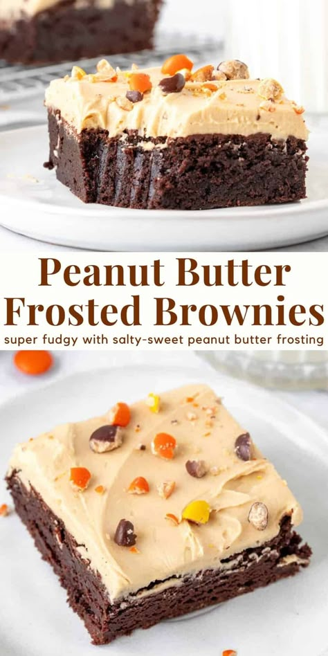 These peanut butter frosted brownies have the perfect combo of chocolate and peanut butter. The brownies are moist and chewy with a delicious chocolate flavor, and the peanut butter frosting is salty, sweet and super creamy. Top them with a few Reese's Pieces or peanut butter cups. #peanutbutterfrosting #brownies #chocolatebrownies #peanutbutter #peanutbutterfrostingforbrownies #fudgebrownies from Just So Tasty Frosting Recipes For Brownies, Peanut Butter Brownie Cake, Peanut Butter Caramel Brownies, Peanut Butter Icing For Brownies, Dressed Up Brownies, Peanut Butter Baking Recipes, Peanut Butter Chocolate Recipes, Easy Chocolate Peanut Butter Desserts, Peanut Butter Brownie Recipes