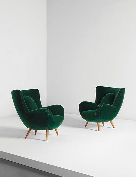 Pair of armchairs, circa 1952, designed by Carlo Mollino for the Acotto House. Estimate $180,000 to $240,000. Poltrona Design, Carlo Mollino, Green Chairs, Comfy Armchair, Green Armchair, Armchair Design, Eames Lounge Chair, Turin, Room Chairs