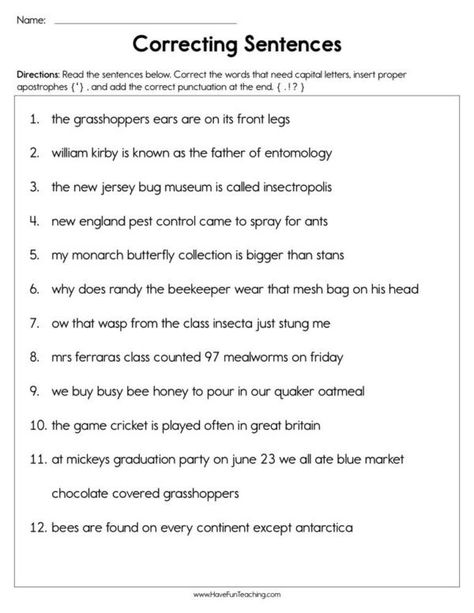 Capitalization - Have Fun Teaching Correct The Sentence Worksheet, Punctuation Worksheets Grade 4, Sentence Correction Worksheets, 7th Grade Writing, Capitalization Worksheets, Sentences Worksheet, Grammar Sentences, Punctuation Worksheets, Run On Sentences