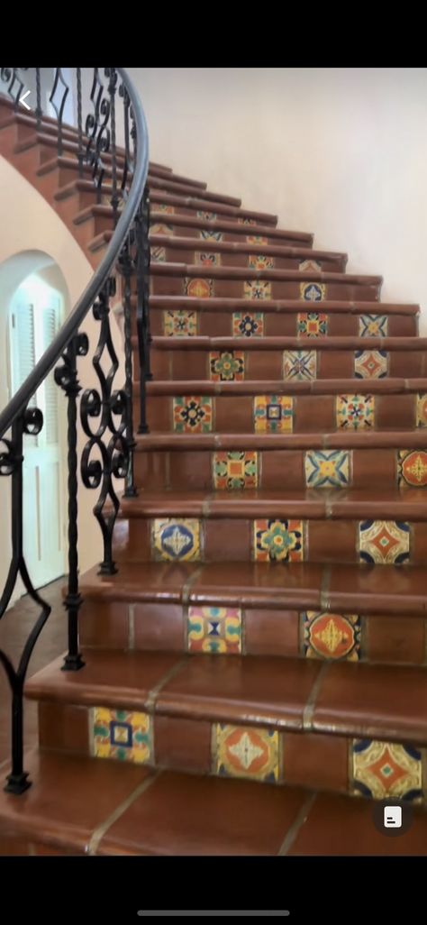 Tiled Staircase Ideas, Tile Stairs Indoor Staircases, Mosaic Staircase, Spanish Stairs, Tile Staircase, Stair Panels, Tiled Stairs, Narrow Stairs, Hacienda Style Kitchen