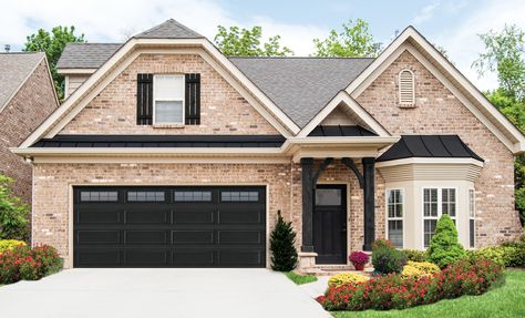 Creative-Door-Wayne-Dalton-Steel-Garage-Door-Model-8300-Ranch-Black-Stockton Black Garage Door, Black Garage Doors, Garage Door Colors, Carport Ideas, Beige House, Black Garage, Garage Door Windows, Modern Garage Doors, Garage Door Types