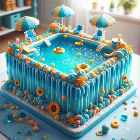 Swim Theme Cake, Water Park Birthday Cake, End Of Summer Cake Ideas, Pool Theme Birthday Cake, Water Park Cake, Water Party Cake, Waterpark Cake, Swimming Cake Ideas, Pool Cake For Kids