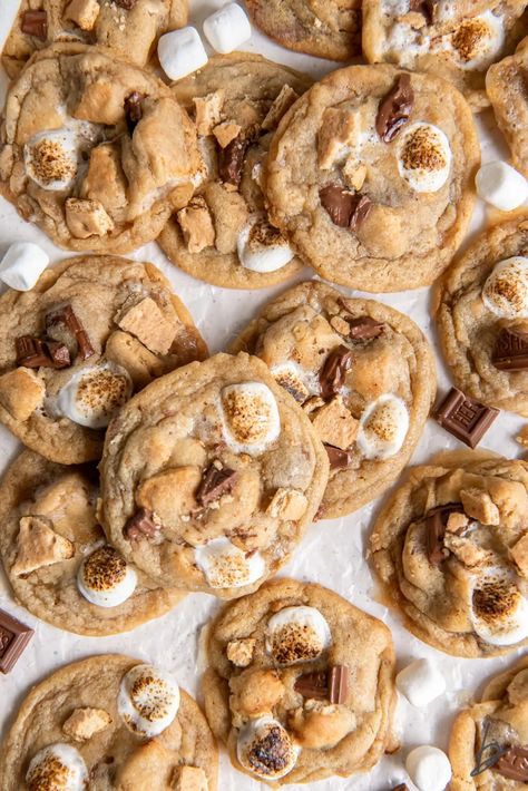 smores cookies with toasted mini marshmallows, chocolate and graham cracker bits Bake Sale Desserts, Smores Cookies, Frozen Cookie Dough, Cookie Spread, Chocolate Zucchini, Toasted Marshmallow, Soft Cookie, Mini Marshmallows, Pumpkin Cookies