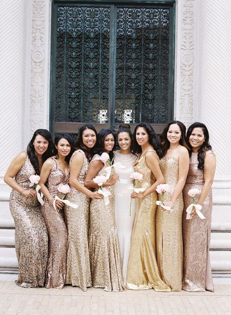 new year's eve wedding ideas | 10 Festive New Years Eve Wedding Ideas Sparkly Bridesmaids, Sparkly Bridesmaid Dress, Metallic Bridesmaid Dresses, Gold Dresses, New Years Wedding, Metallic Wedding, Gold Bridesmaid Dresses, Sequin Bridesmaid, New Years Eve Weddings