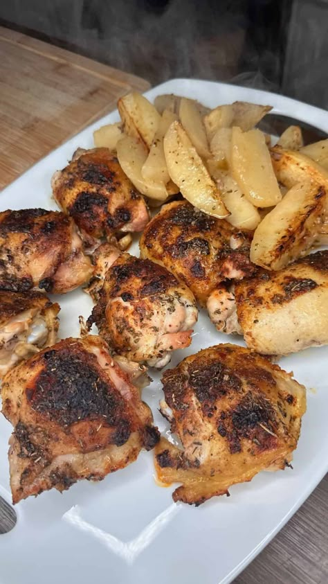 Lemony Baked Chicken and Potatoes Chicken Thighs And Potatoes, Lemon Marinade, Lemony Chicken, Chicken With Potatoes, Chicken And Potatoes, Chicken Potatoes, Winner Winner Chicken Dinner, Chicken Dinners, Chicken Dishes Recipes