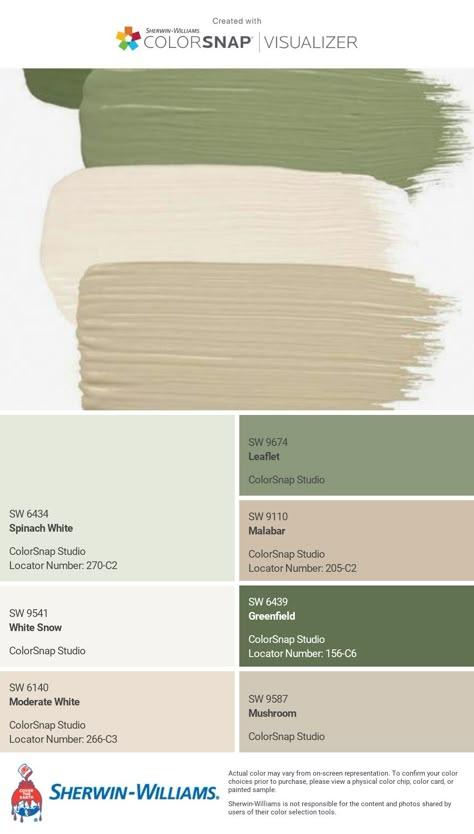 Paint Color Schemes With Sage Green, Colour Palette For Home Decor, Green Room Colour Palettes, Soft Green Painted Furniture, Green Paint Swatches Colour Palettes, Wall Colors That Go With Sage Green, Sherwin Williams Broccoflower, Safe Green Palette, Sage House Color Palette