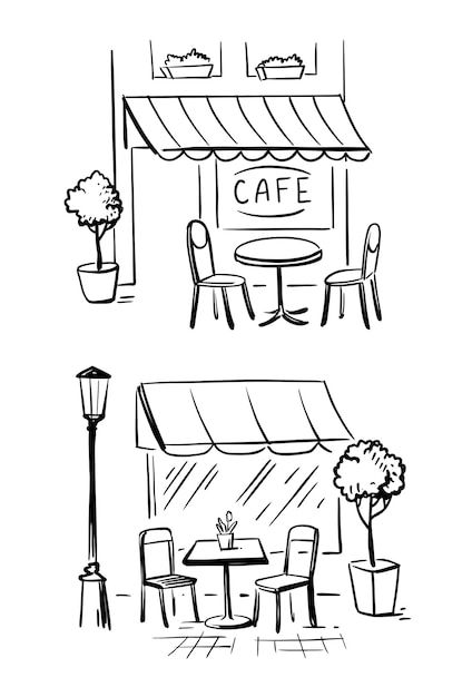 Street Cafe Drawing, Cafe Shop Drawing Easy, Cafe Exterior Design Drawing, Street Sketch Simple, Cafe Cute Drawing, Restaurant Drawing Easy, Cafe Date Drawing, Outside Cafe Design, Cafe Doodle Art