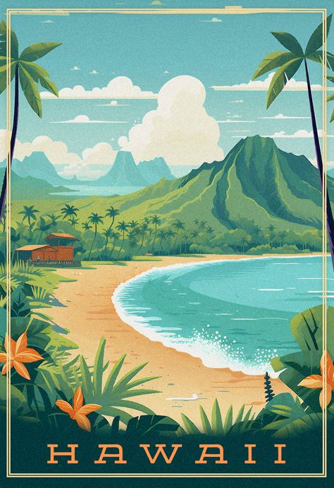 Appreciate the beauty of Hawaii with this artwork which captures the essence of a tropical beach. Immerse yourself in the tranquil embrace of nature, where majestic mountains meet the ocean, and the golden sands call for you to bask in the tropical sun. Hawaii Vintage, Retro Travel Poster, Beach Posters, Vintage Hawaii, Hur Man Målar, Landscape Canvas Art, Kauai Hawaii, Beach Wall Art, Poster Vintage