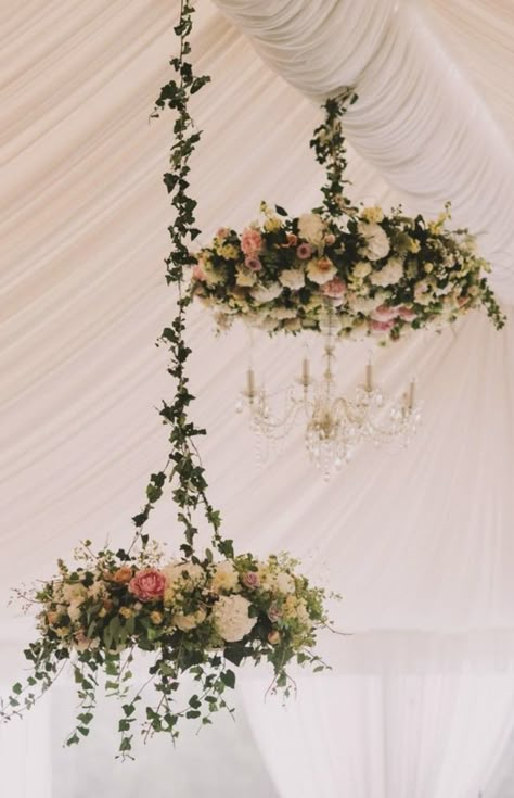 Babies Breath Wedding, Floral Chandelier Wedding, Floral Chandeliers, Baby's Breath Wedding Flowers, Chandelier Wedding, Wedding Ceiling, Orange Wedding Flowers, Simple Wedding Flowers, Flowers Hanging