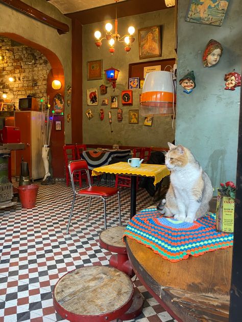 #cafe #aesthetic #travel #pretty #vintage Cafe Society Aesthetic, Eclectic Cafe Interiors, Global Coffee House Aesthetic, 90s Cafe Aesthetic, Cafe Inspo Interiors, 2000s Coffee Shop Aesthetic, Art Cafe Aesthetic, Retro Cafe Aesthetic, Mexican Cafe Interior