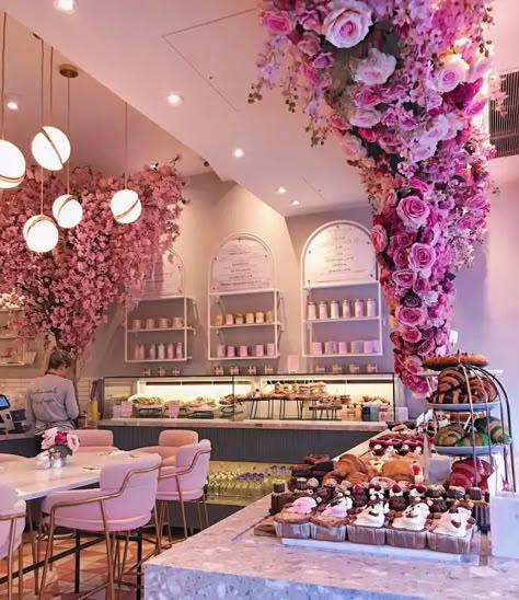 Elan Cafe in London, England Elan Cafe, Cafe London, Bakery Shop Design, Pink Cafe, Bakery Decor, Decoration Restaurant, Coffee Shops Interior, Flower Bar, Bakery Design