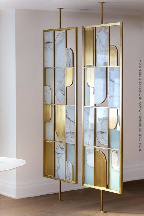 HANDMADE BRASS ROOM DIVIDER W/ STONE & GLASS ACCENTS Hall Divider Interior Design, Hall Divider, Glass Partition Designs, Modern Partition Walls, Room Divider Ideas, Partition Designs, Wall Partition Design, Painted Living Room Furniture, Divider Ideas