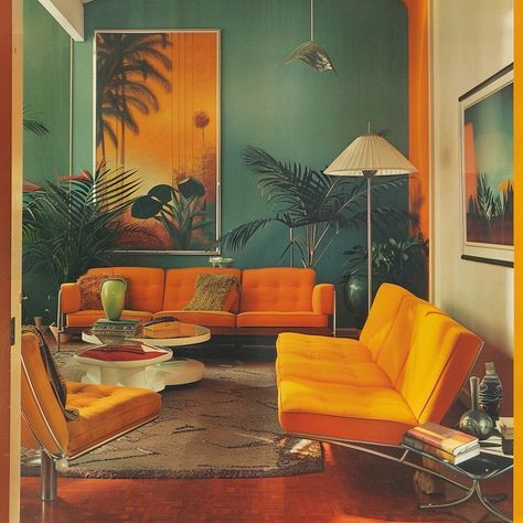 Colourful Mid Century Modern, Mid Century Modern Color Scheme, Mid Century Modern Color Palette, Palm Royale, Gold Couch, Mcm Living, 70s Interior Design, 70s Interior, Mid Century Modern Colors