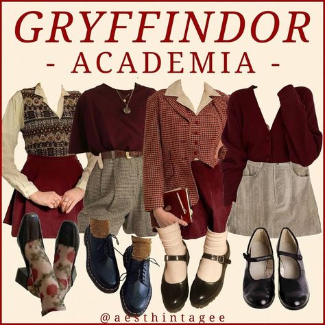 she/her (@aesthintagee) added a photo to their Instagram account: “GRYFFINDOR but make it ACADEMIA*** - first and third outfit are from @seasonsofella and the…” Hogwarts Outfits Gryffindor, Gryffindor Aesthetic Outfit, Gryffindor Inspired Outfits, Gryffindor Outfits, Gryffindor Outfit, Cottagecore Academia, Gryffindor Aesthetic, Hogwarts Outfits, Dark Academia Outfits