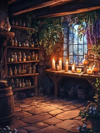 ↑↑↑ Larger size on website 🔸 A dimly lit stone room with wooden shelves overflowing with potion bottles, illuminated by candlelig Potion Shop Aesthetic, Dimly Lit Room, Fantasy Potion Shop, Witch Cottage Interior, Potion Station, Potion Room, Stone Room, Potion Shop, Interior Concept Art