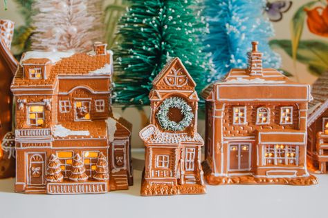 How to Make My VIRAL Gingerbread Houses from Thrifted Christmas Village Houses (Pottery Barn Dupe!) – Casa Watkins Living Gingerbread Village Display Ideas, Painting Christmas Village Houses, Christmas Village Redo, Diy Ceramic Christmas Village, Repaint Christmas Village, Gingerbread Christmas Village, Painted Christmas Village, Christmas Village Pottery Barn, Christmas Village Ceramic