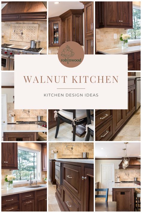 Colored Countertops, Walnut Cabinets Kitchen, Dark Walnut Kitchen Cabinets, Modern Walnut Kitchen, Kitchen Cabinet Color Schemes, Walnut Wood Kitchen, Kitchen Walnut, Walnut Kitchen Island, Walnut Kitchen Cabinets