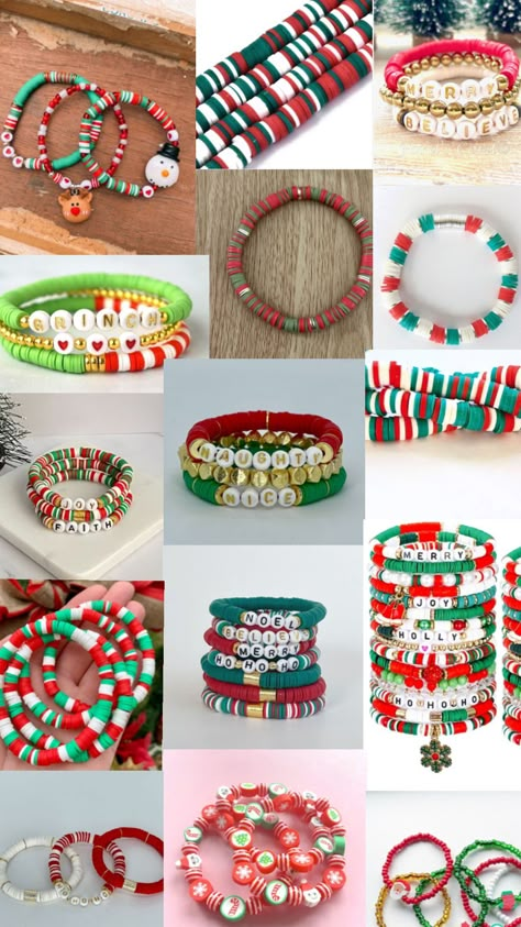 Christmas Bracelet Ideas, Cute Bracelet Ideas, Scene Kandi, Clay Bead Bracelet Ideas, Christmas Jewelry Diy, Bracelets With Beads, Cute Christmas Ideas, Colorful Bead Bracelets, Bead Bracelet Ideas