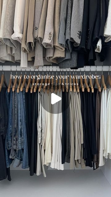 KATIE PEAKE on Instagram: "Wardrobe organisation tips 📌🤍🧥👖 I’ve had a HUGE declutter & sort out over the last couple of weeks & wanted to organise my things so it’s easy for me to get dressed every day. Also the baby hanger hack is a gamechanger for hanging your trousers. SO satisfying 👏🏻 full YouTube video is on my channel. . . Wardrobes are from @tylko use ‘katiepeake’ for 44% off until 31.01 *pr product . . Wardrobe organisation, closet, closet organisation, how I organise my clothes, storage hacks . . #wardrobes #wardrobestylist #wardrobegoals #cleanoutyourcloset #closetorganization #closetgoals #wardrobeorganisation #clothesorganizer #wardrobeinspiration #wardrobeinspo #knitwearfashion #dressingrooms #dressingroomgoals #dressingroominspo #dressingroomdesign #storagesolutions #st Wardrobe Trousers Storage, Hanging Clothes Storage Ideas, Dress Pant Storage, Trouser Organisation, Hanger Wardrobe Ideas, Couple Wardrobe Organisation, Cloth Hanging Ideas In Wardrobe, Dress Storage Ideas Closet Organization, Closet Organization Ideas With Baskets