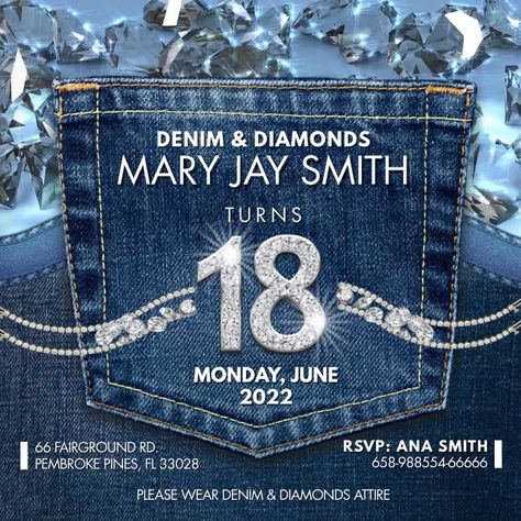 Denim And Diamonds Invitation Template, Denim And Diamond Invitations, Denim Party Invitation, Denim And Diamonds Invitations, Denim Party Ideas, Denim And Diamonds Party Ideas, Denim Birthday Party Theme, Denim Party Theme, Denim Party Decorations