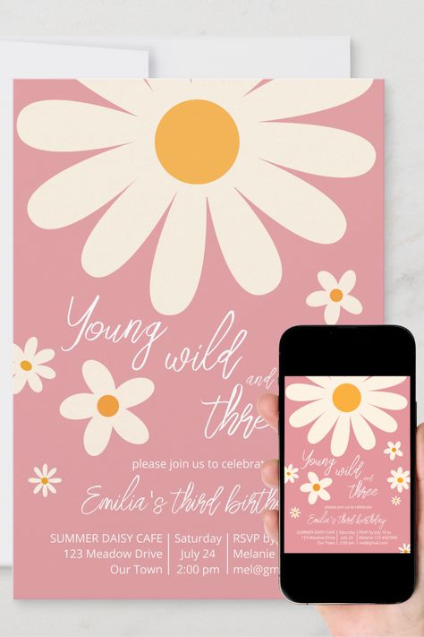 Retro desert daisy 3rd birthday party dusty pink invitation template instant download Dusty Pink Invitation, Pink Invitation Template, Flower Power Party, Retro Desert, Pink Invitation, Daisy Party, Groovy Vibes, 3rd Birthday Party, Party Trends