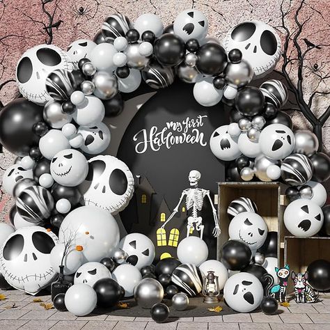 Black White Balloon Arch, Globos Halloween, Balloon Boutique, Halloween Balloon Arch, Ghost Balloons, Halloween Balloon Garland, Kids Halloween Party Decorations, Halloween Theme Party, Silver Balloons