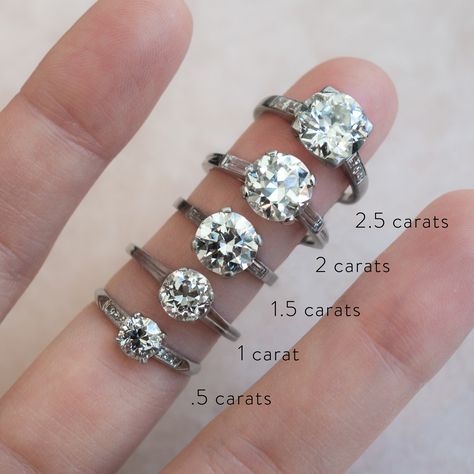 1.5 for me, uh yes please!  How Different Diamond Sizes Actually Look on a Hand via @WhoWhatWear Diamond Ring Sizes On Hand, Karat Sizes On Hand, Diamond Sizes On Hand, Carat Sizes On Hand, Whowhatwear Uk, 5 Carat Diamond Ring, Sparkly Rings, Karat Sizes, Erstwhile Jewelry