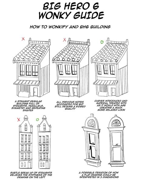 Scott Watanabe on Instagram: “Another set of Big Hero 6 style guides mainly created for the modeling team in lieu of packeting everything.” Animation Style Guide, Scott Watanabe Art, Big Hero Six Concept Art, Big Hero 6 Concept Art, Scott Watanabe, Drawing Buildings, Drawing Backgrounds, Comic Book Layout, Perspective Drawing Architecture